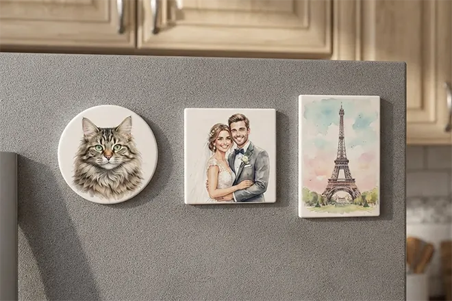 Personalized ceramic fridge magnets printed with photos
