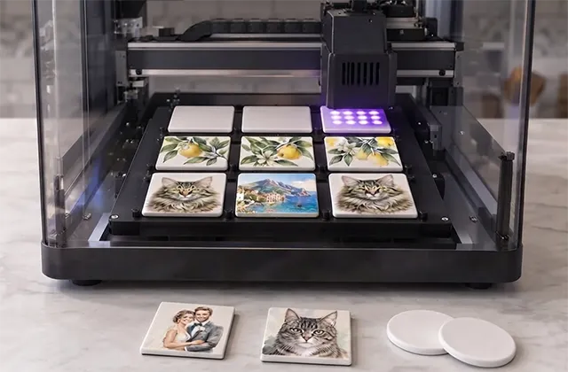 Ceramic fridge magnet blanks being personalized with direct UV printing