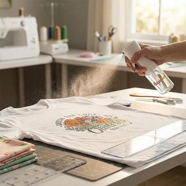 Applying MagicSeal finishing spray to a decorated T-shirt