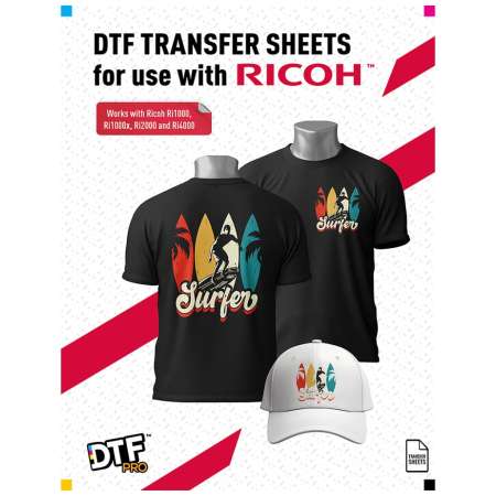 DTF Film Sheets for Ricoh Ri 1000, Ri 1000X, Ri 2000, Ri 4000 DTG Printers - Size A3+ 12.9 x 19 inches - PET Transfer PreTreat Film